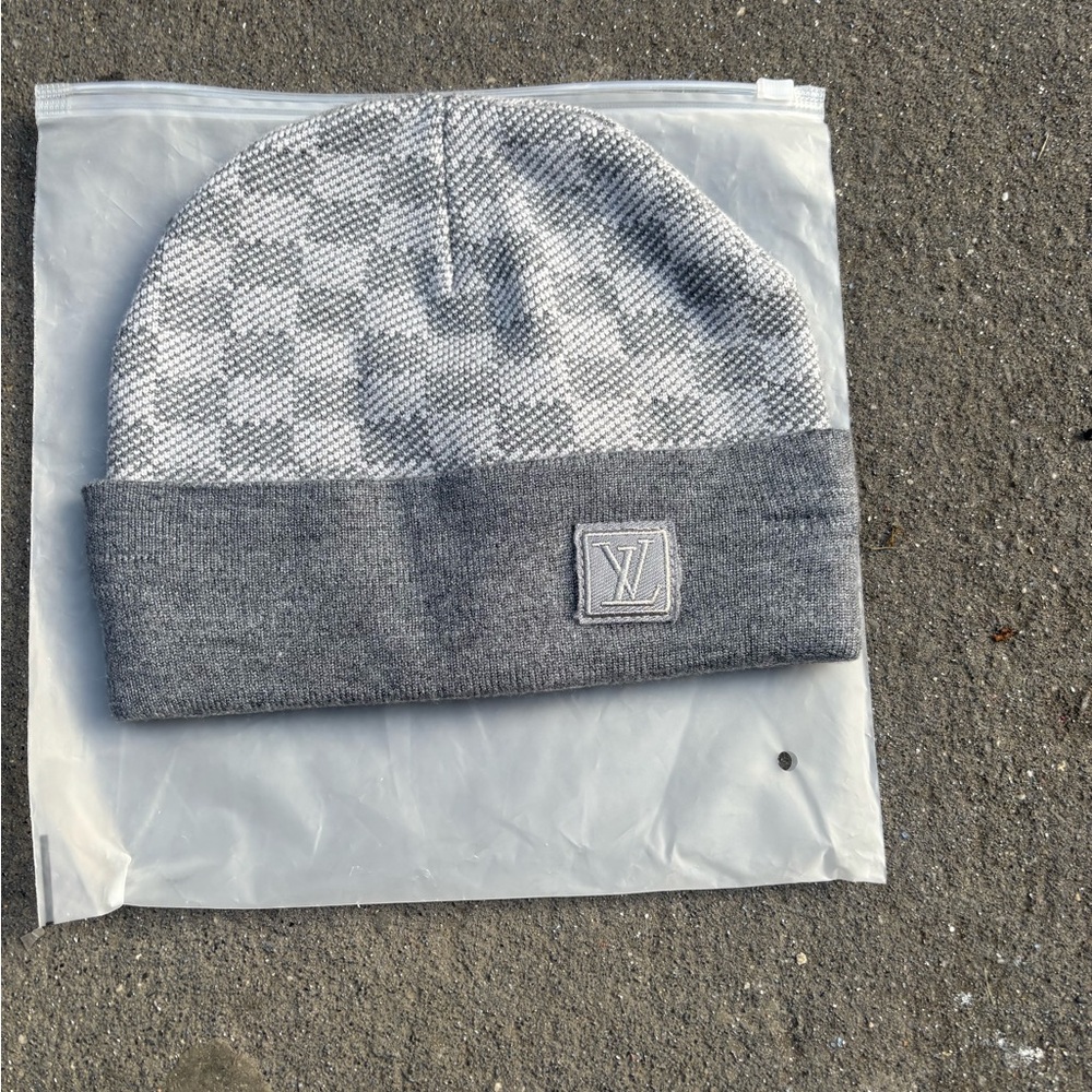 Louis Vuitton Gray Checkered Knit Cuff Beanie with LV Patch